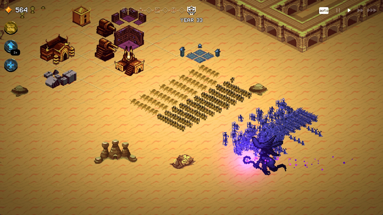 A Year 33 battle against a large dark creature in the desert